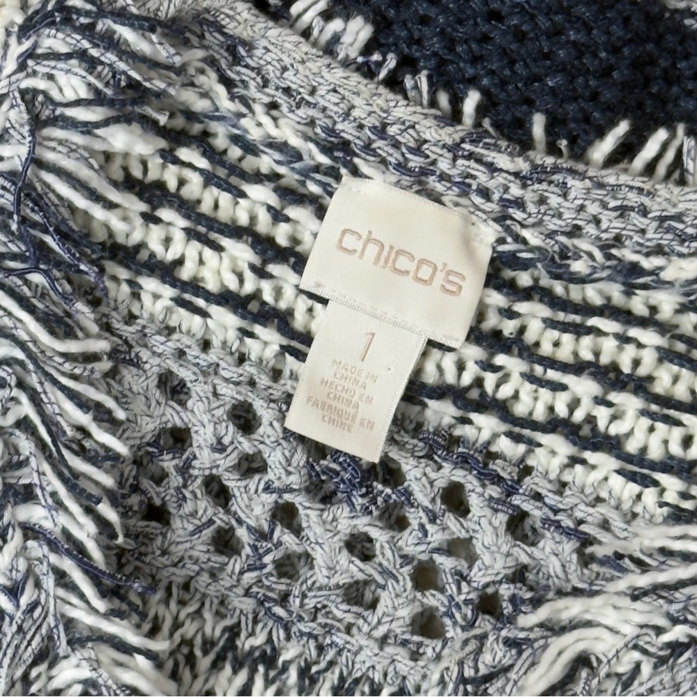 Chicos Blue White Textured Knit Fringe Boho Cottagecore Cardigan Small - Picture 8 of 13